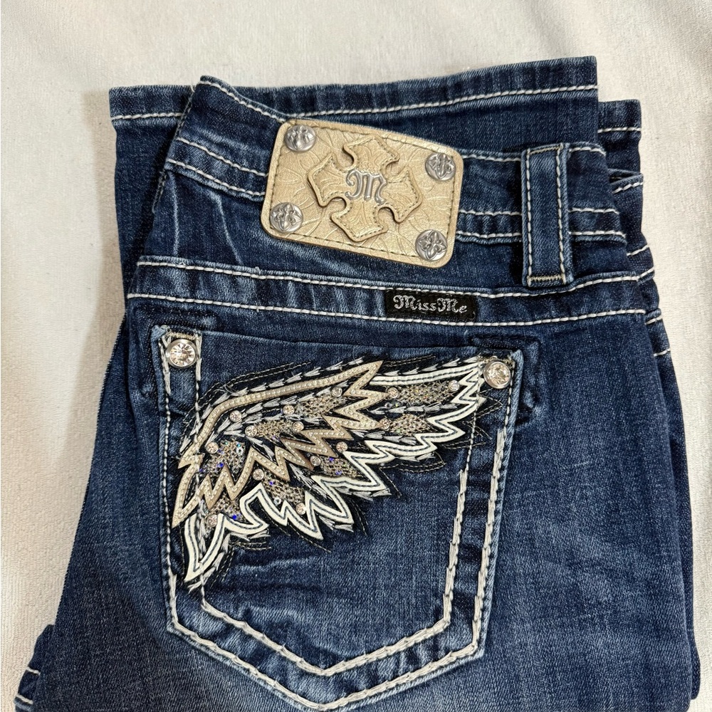 Miss Me Dark Blue Boot Cut Jeans with Wing Embellishments